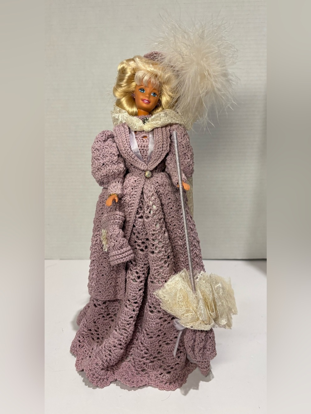 Vintage Barbie Doll Handmade Crochet Victorian Dress Coat Bonnet Parasol